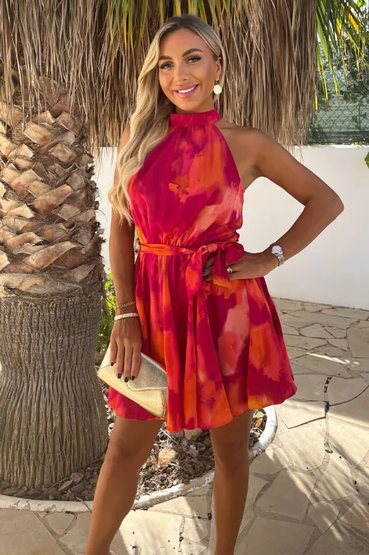 Pink And Orange Smudge Print Halterneck Tie Waist Mini Dress sold by AX Paris