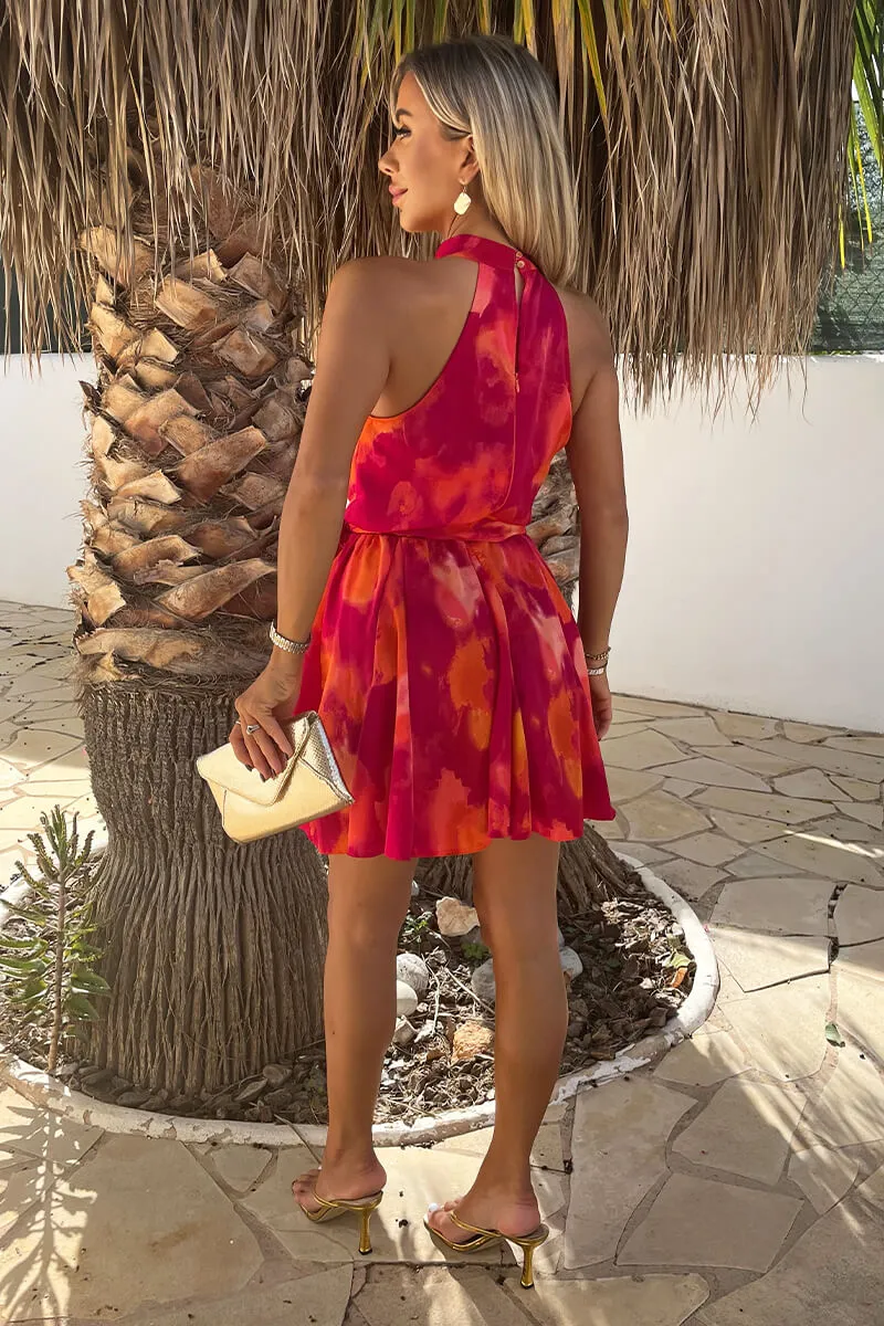Pink And Orange Smudge Print Halterneck Tie Waist Mini Dress sold by AX Paris product image thumbnail 5