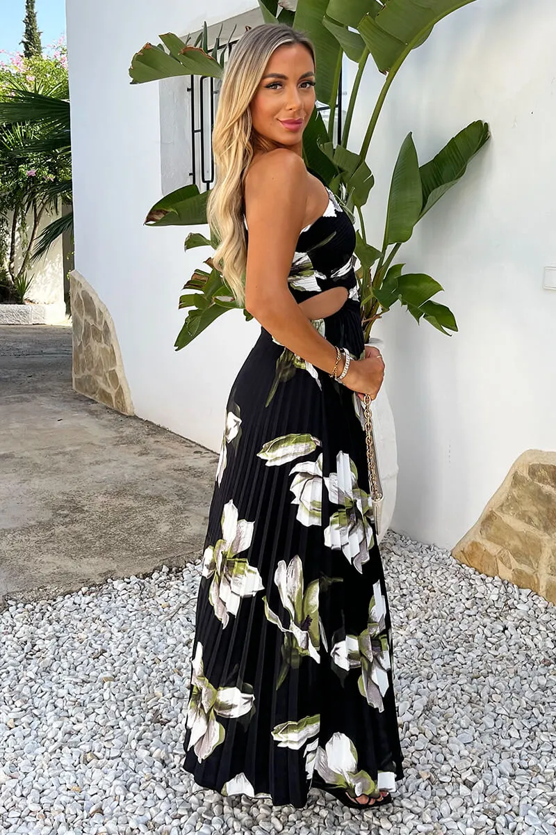 Black And White Floral Print One Shoulder Cut Out Pleated Midi Dress sold by AX Paris product image thumbnail 4