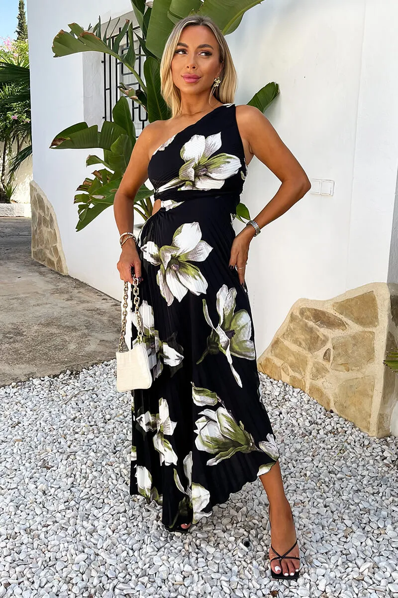 Black And White Floral Print One Shoulder Cut Out Pleated Midi Dress sold by AX Paris product image thumbnail 2