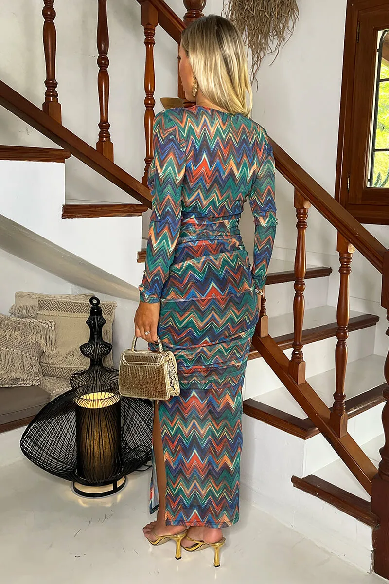 Multi Zig Zag Printed Mesh Overlay Long Sleeve Bodycon Midi Dress sold by AX Paris product image thumbnail 5