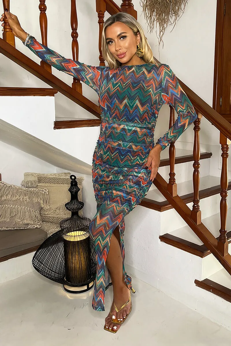 Multi Zig Zag Printed Mesh Overlay Long Sleeve Bodycon Midi Dress sold by AX Paris product image thumbnail 2