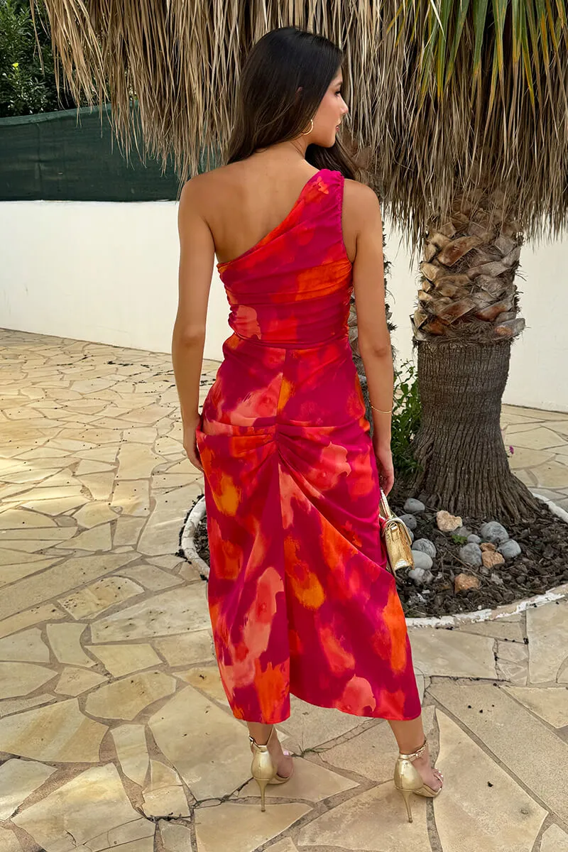 Pink And Orange Smudge Print One Shoulder Knot Skirt Midi Dress sold by AX Paris product image thumbnail 5