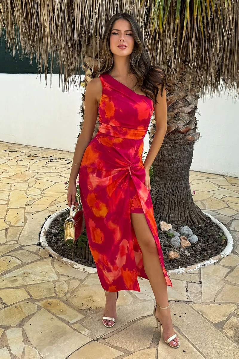 Pink And Orange Smudge Print One Shoulder Knot Skirt Midi Dress sold by AX Paris product image thumbnail 2