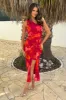 Pink And Orange Smudge Print One Shoulder Knot Skirt Midi Dress sold by AX Paris