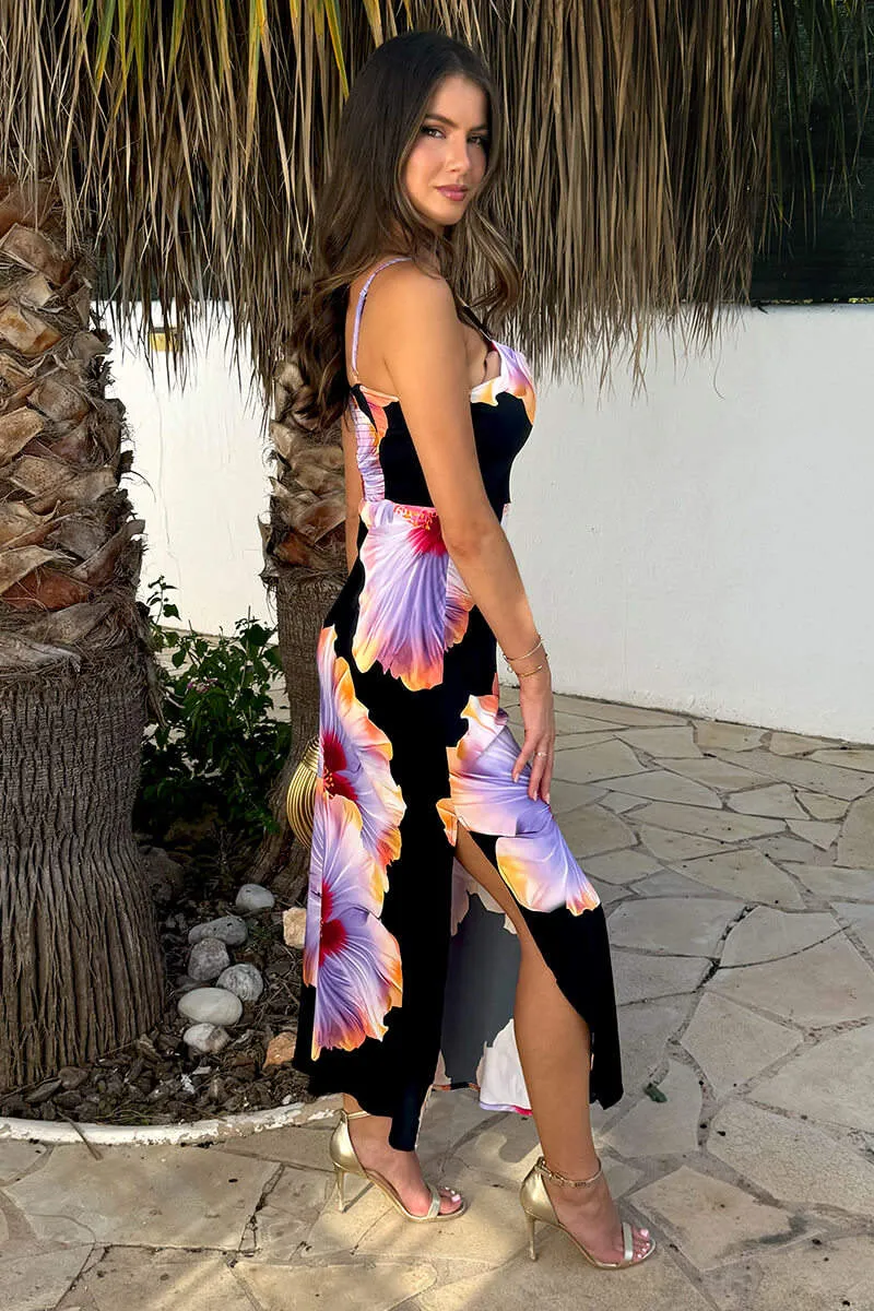 Black And Lilac Floral Print Strappy Slip Midi Dress sold by AX Paris product image thumbnail 3