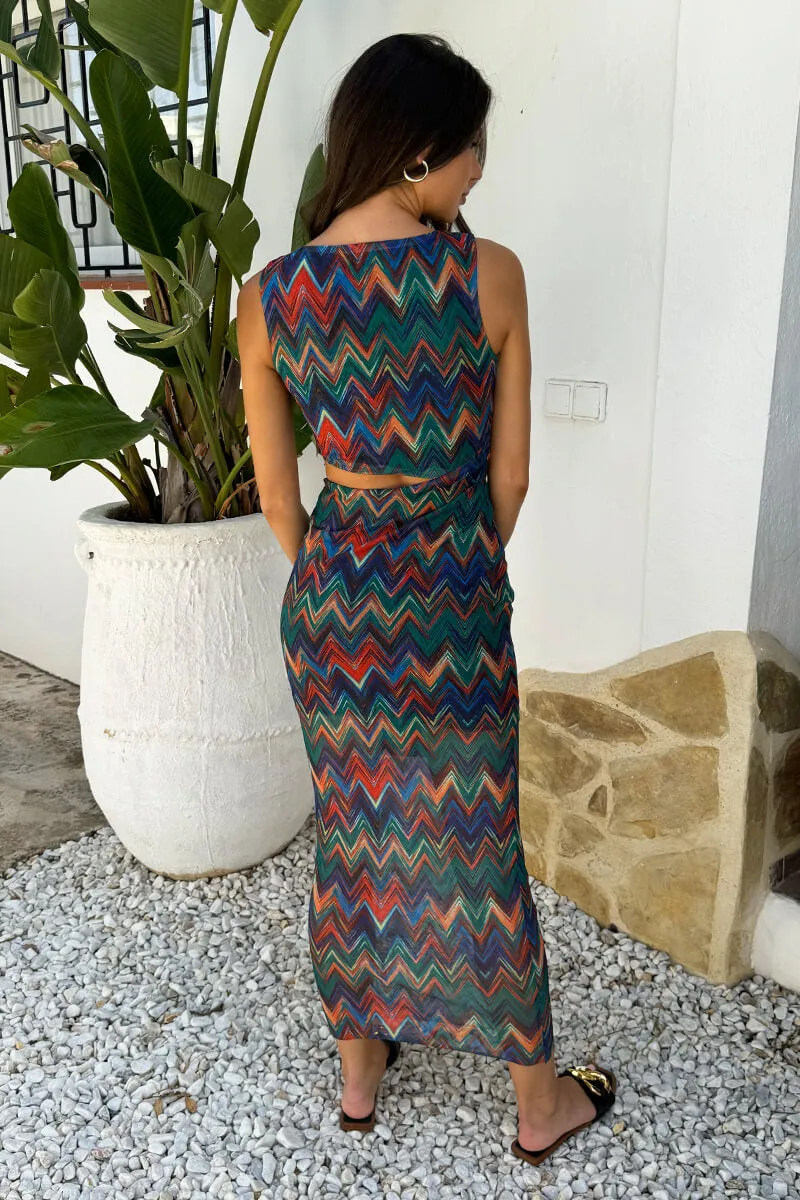 Multi Zig Zag Printed Mesh Asymmetric Waist Cut Out Midi Dress sold by AX Paris product image thumbnail 5