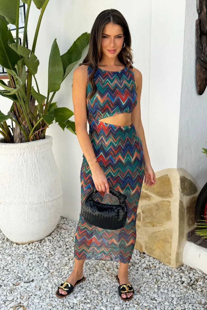 Multi Zig Zag Printed Mesh Asymmetric Waist Cut Out Midi Dress sold by AX Paris product image thumbnail 2
