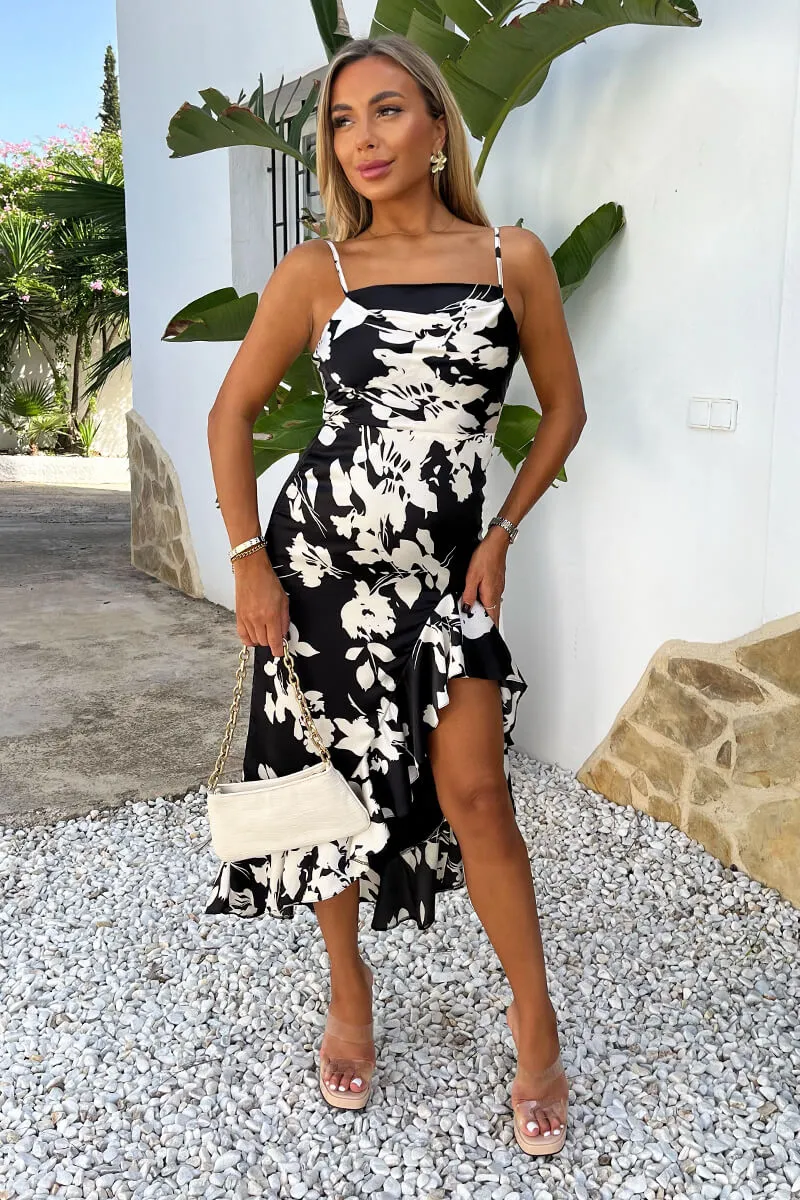 Black And White Floral Print Strappy High Low Frill Hem Midi Dress sold by AX Paris product image thumbnail 3