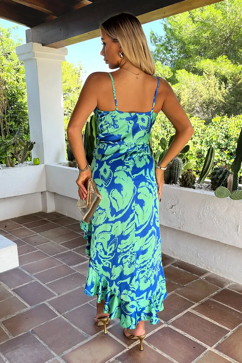 Green And Blue Abstract Printed Strappy Wrap Top High Low Frill Hem Midi Dress sold by AX Paris product image thumbnail 5