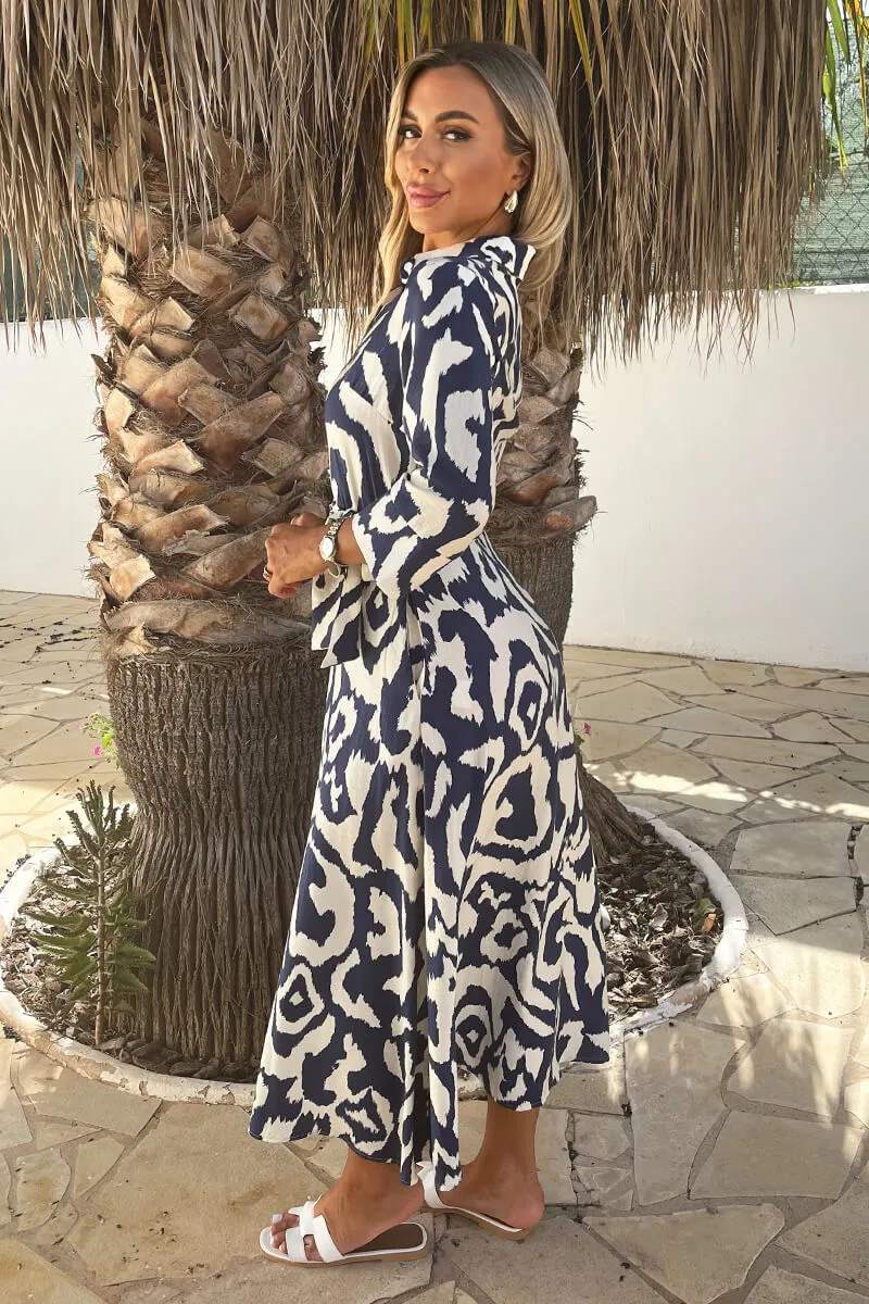 Navy And Cream Abstract Print 3/4 Sleeve Tie Waist Shirt Midi Dress sold by AX Paris product image thumbnail 4