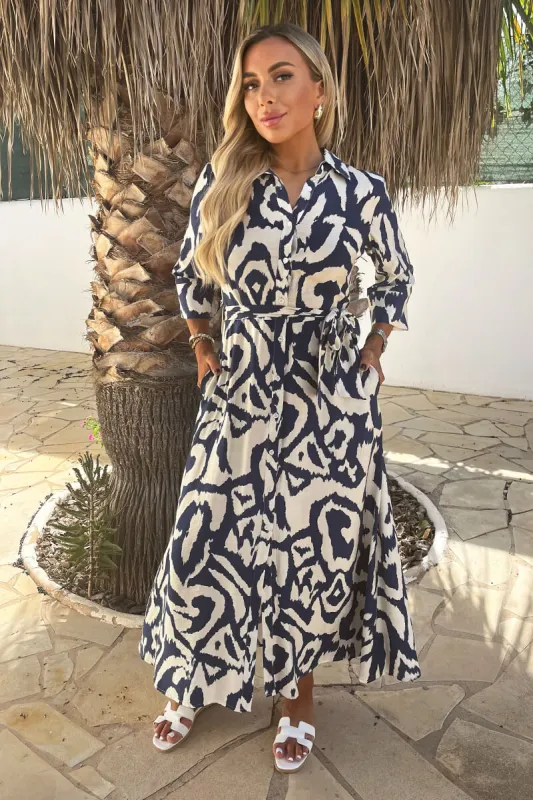 Navy And Cream Abstract Print 3/4 Sleeve Tie Waist Shirt Midi Dress sold by AX Paris