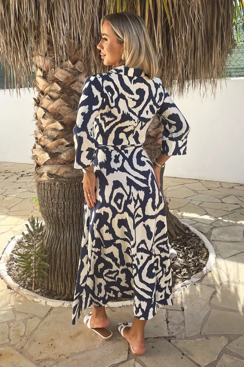 Navy And Cream Abstract Print 3/4 Sleeve Tie Waist Shirt Midi Dress sold by AX Paris product image thumbnail 5