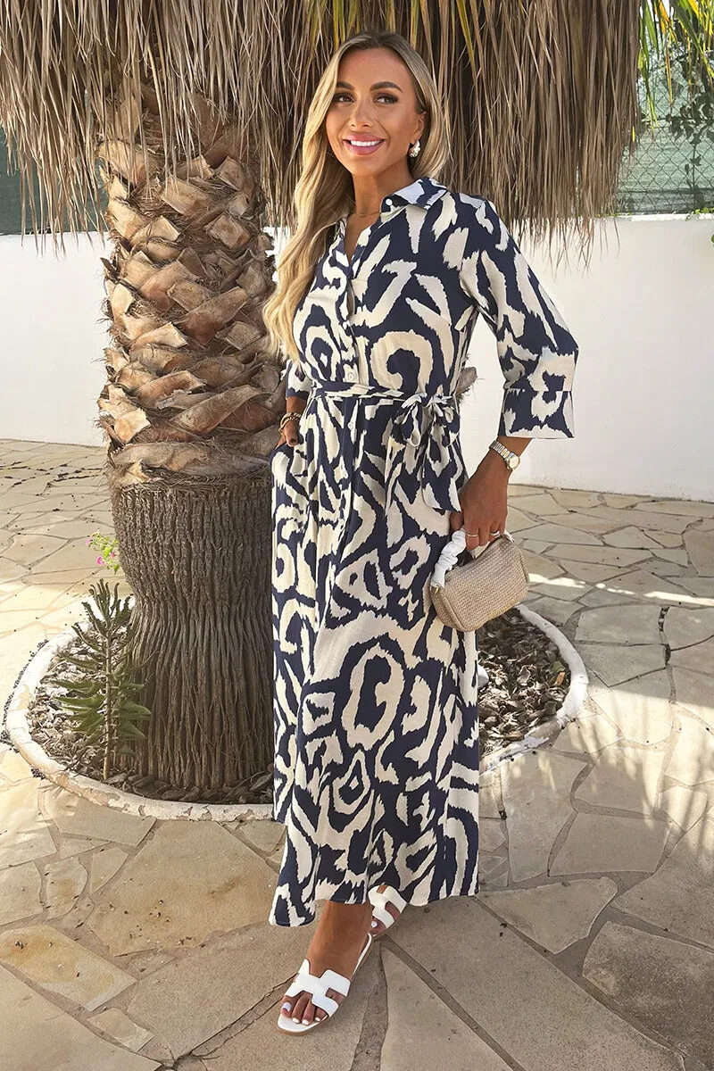 Navy And Cream Abstract Print 3/4 Sleeve Tie Waist Shirt Midi Dress sold by AX Paris product image thumbnail 2