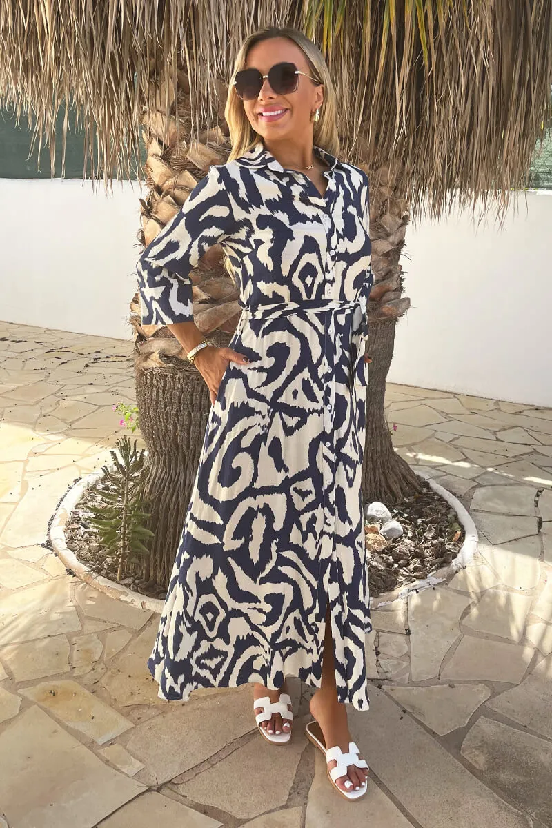 Navy And Cream Abstract Print 3/4 Sleeve Tie Waist Shirt Midi Dress sold by AX Paris product image thumbnail 3