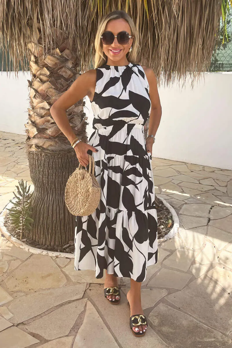 Black And White Leaf Print Sleeveless Tiered Smock Midi Dress sold by AX Paris product image thumbnail 3