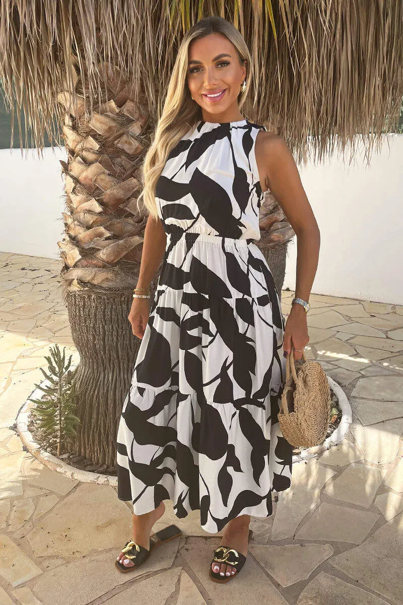 Black And White Leaf Print Sleeveless Tiered Smock Midi Dress sold by AX Paris product image thumbnail 2