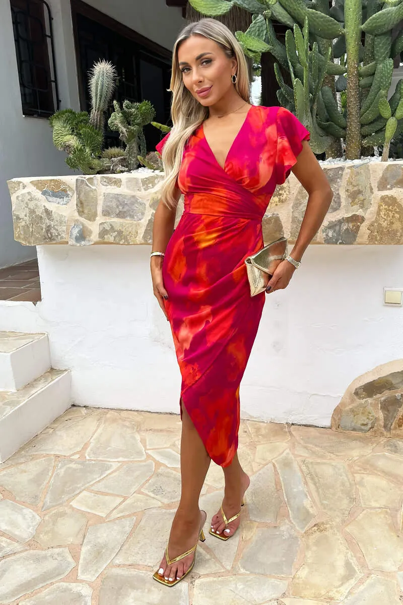 Pink And Orange Smudge Print Flutter Sleeve Wrap Midi Dress sold by AX Paris product image thumbnail 3