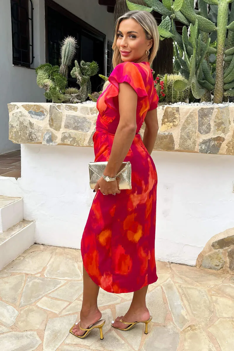 Pink And Orange Smudge Print Flutter Sleeve Wrap Midi Dress sold by AX Paris product image thumbnail 4