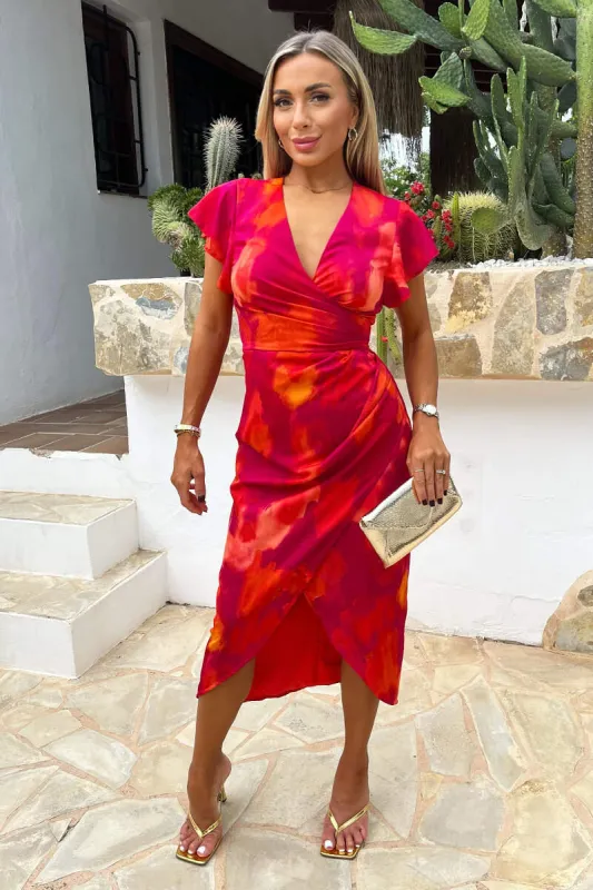 Pink And Orange Smudge Print Flutter Sleeve Wrap Midi Dress sold by AX Paris