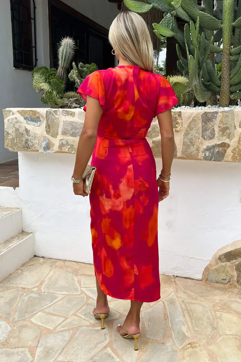 Pink And Orange Smudge Print Flutter Sleeve Wrap Midi Dress sold by AX Paris product image thumbnail 5