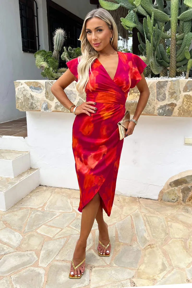 Pink And Orange Smudge Print Flutter Sleeve Wrap Midi Dress sold by AX Paris product image thumbnail 2