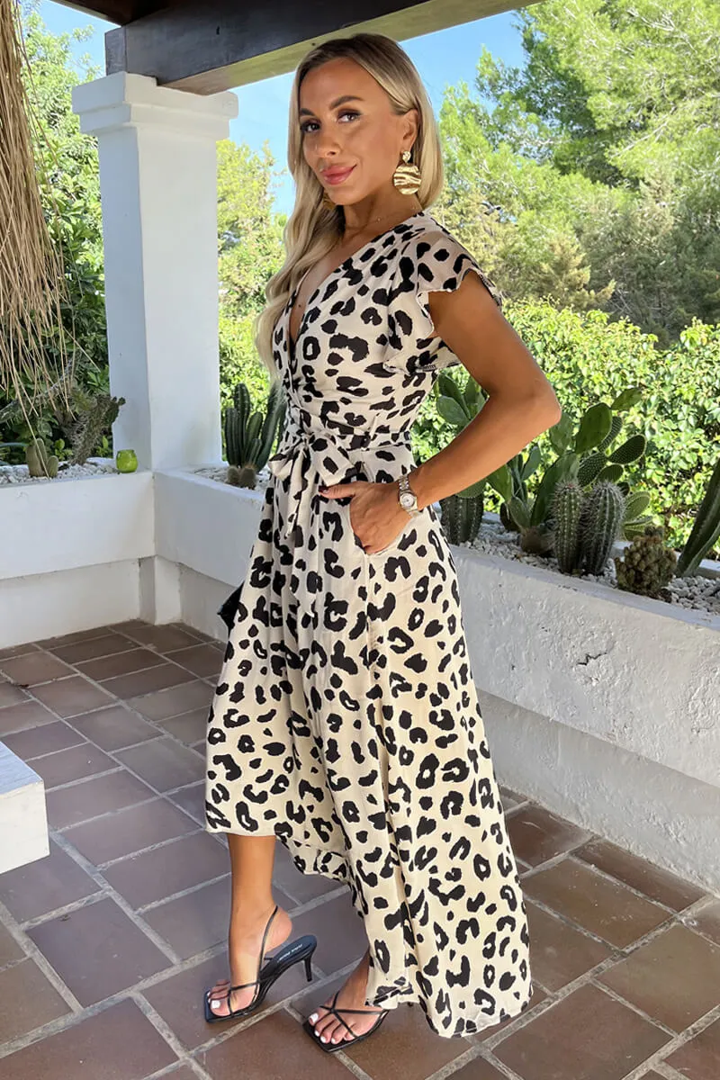Black And Cream Leopard Print Short Sleeve Belted Wrap Midi Dress sold by AX Paris product image thumbnail 4