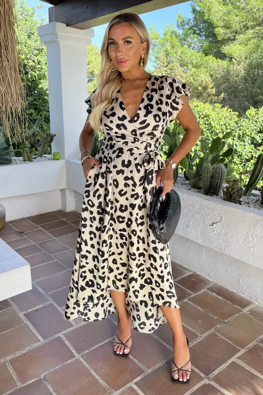 Black And Cream Leopard Print Short Sleeve Belted Wrap Midi Dress sold by AX Paris