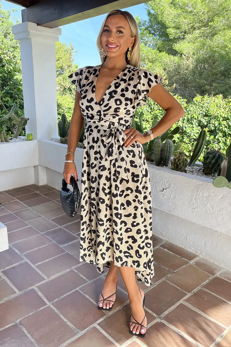 Black And Cream Leopard Print Short Sleeve Belted Wrap Midi Dress sold by AX Paris product image thumbnail 2