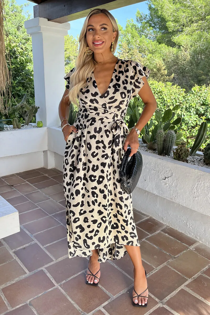 Black And Cream Leopard Print Short Sleeve Belted Wrap Midi Dress sold by AX Paris product image thumbnail 3