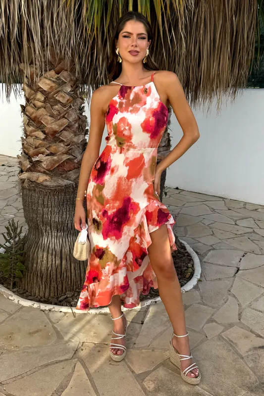 Peach Smudge Print Racer Neck High Low Frill Hem Midi Dress sold by AX Paris