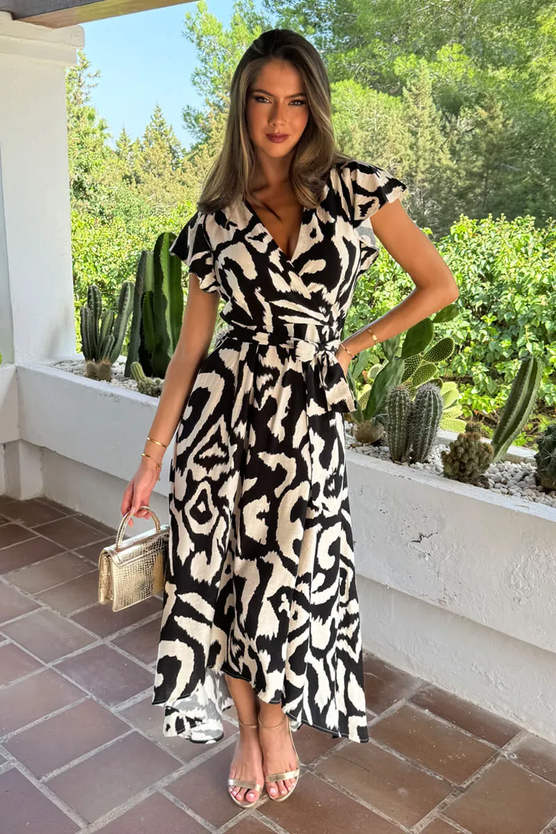 Black And White Abstract Print Short Sleeve Belted Wrap Midi Dress sold by AX Paris