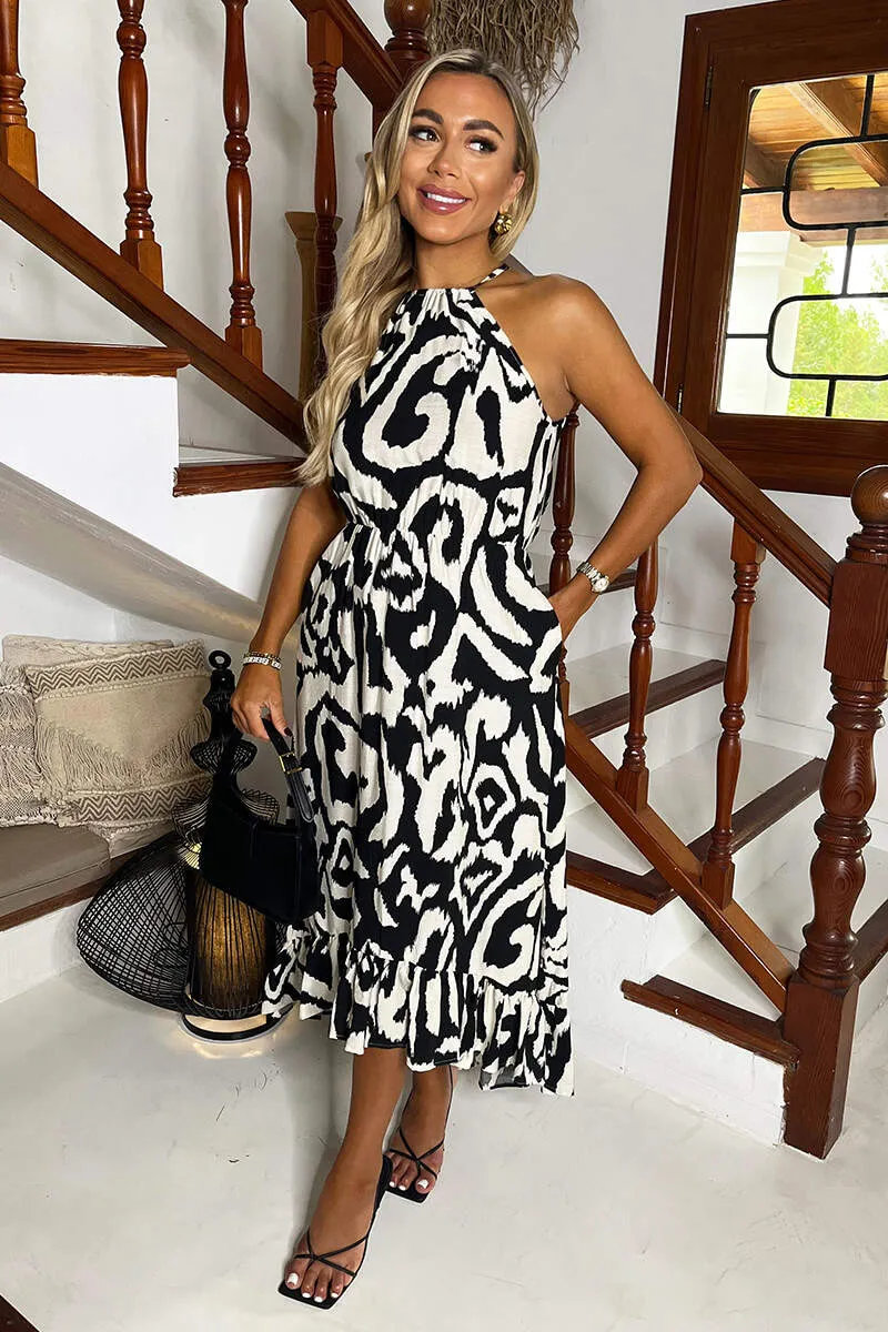 Black And White Abstract Print Racer Neck Frill Hem Midi Dress sold by AX Paris product image thumbnail 2
