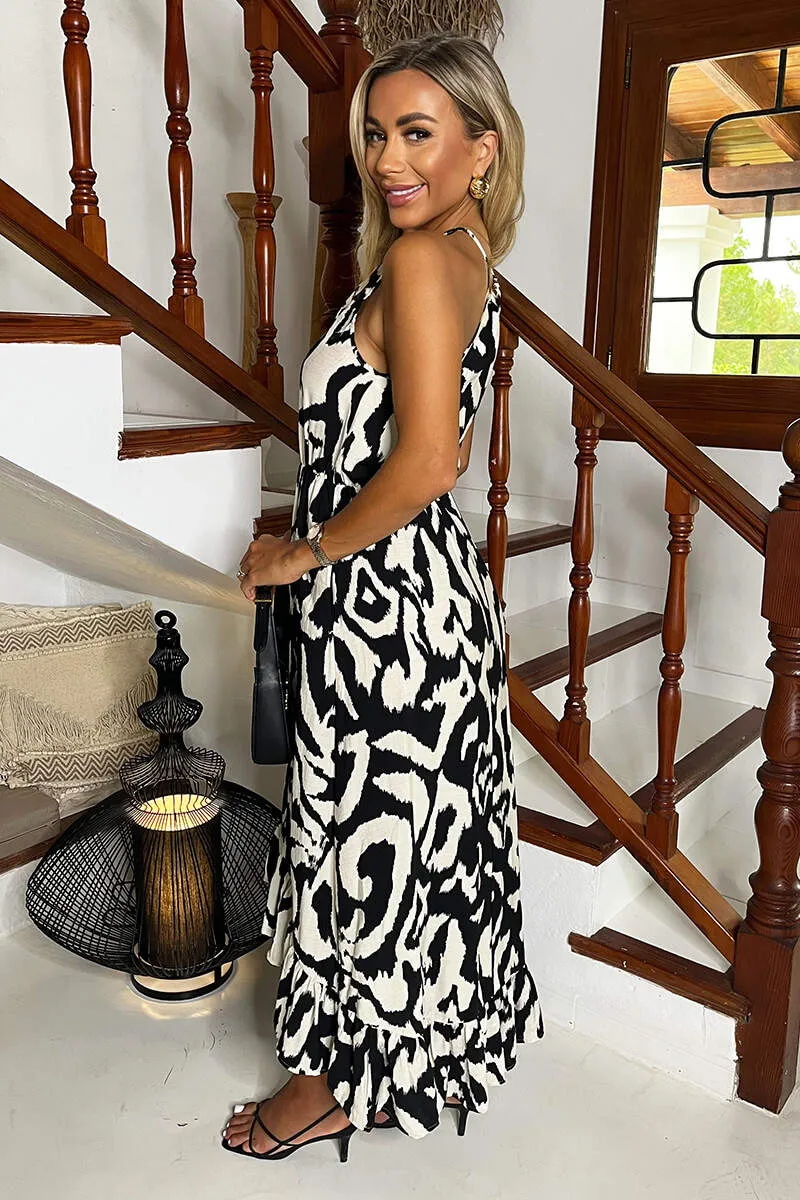 Black And White Abstract Print Racer Neck Frill Hem Midi Dress sold by AX Paris product image thumbnail 4