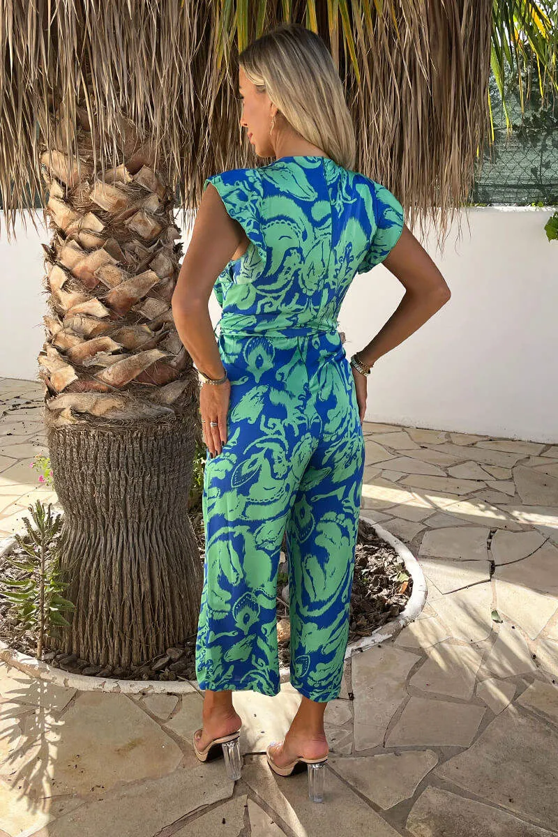 Green And Blue Abstract Printed Wrap Top Belted Jumpsuit sold by AX Paris product image thumbnail 5