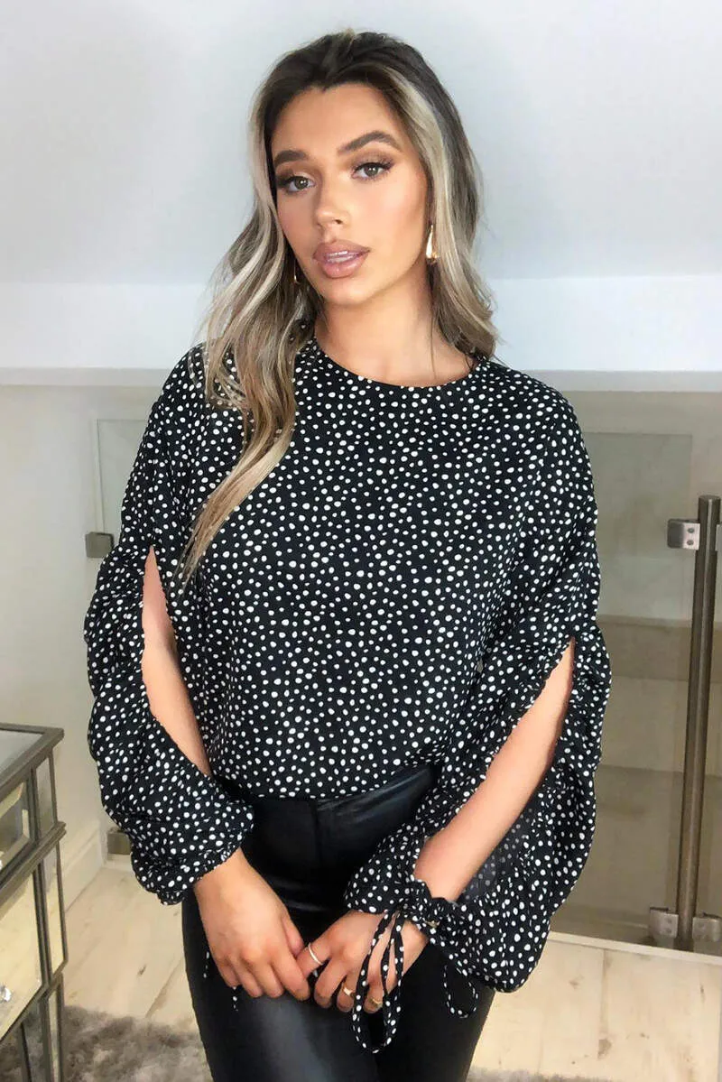 Black Spotty Gathered Split Sleeve Blouse sold by AX Paris