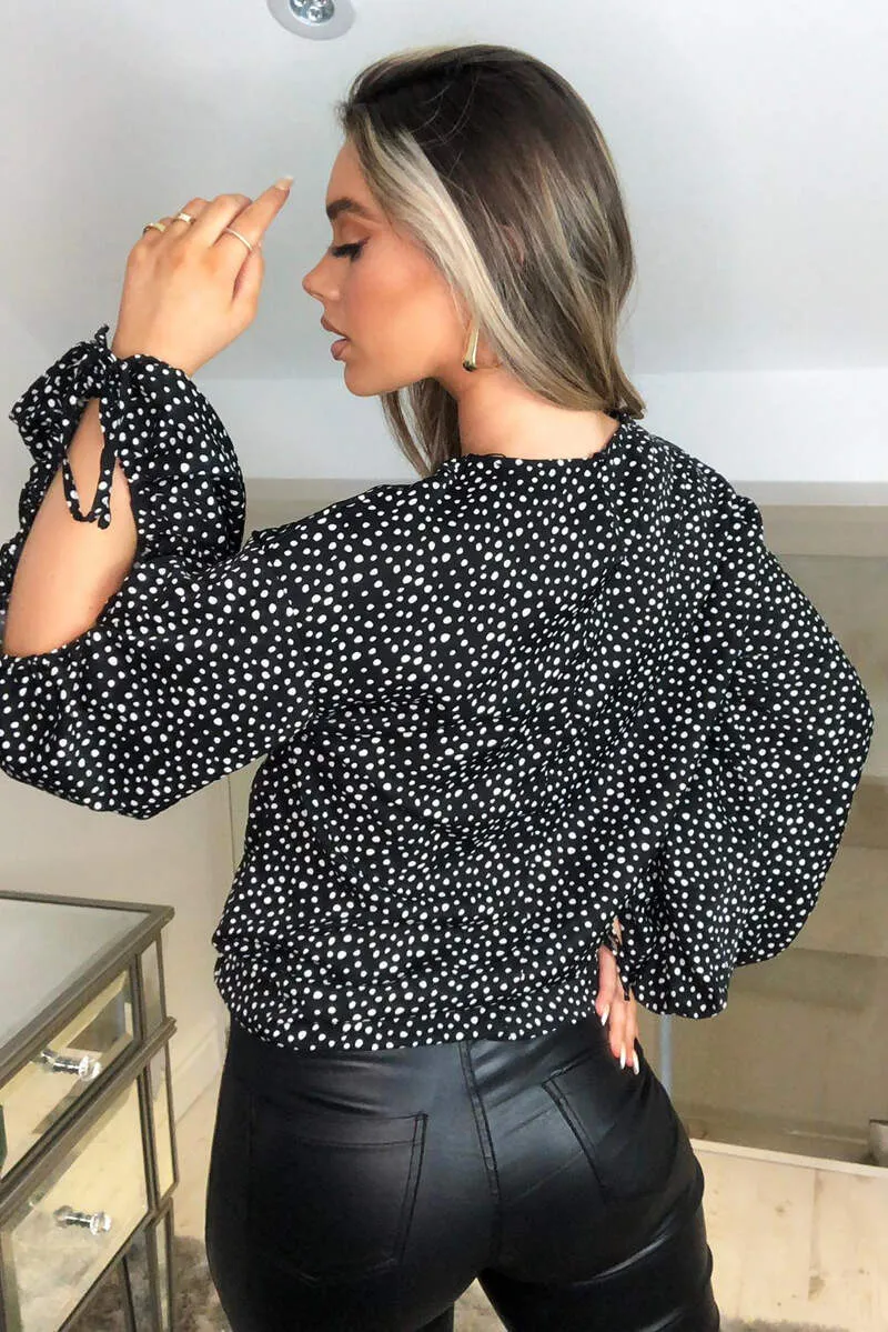Black Spotty Gathered Split Sleeve Blouse sold by AX Paris product image thumbnail 5