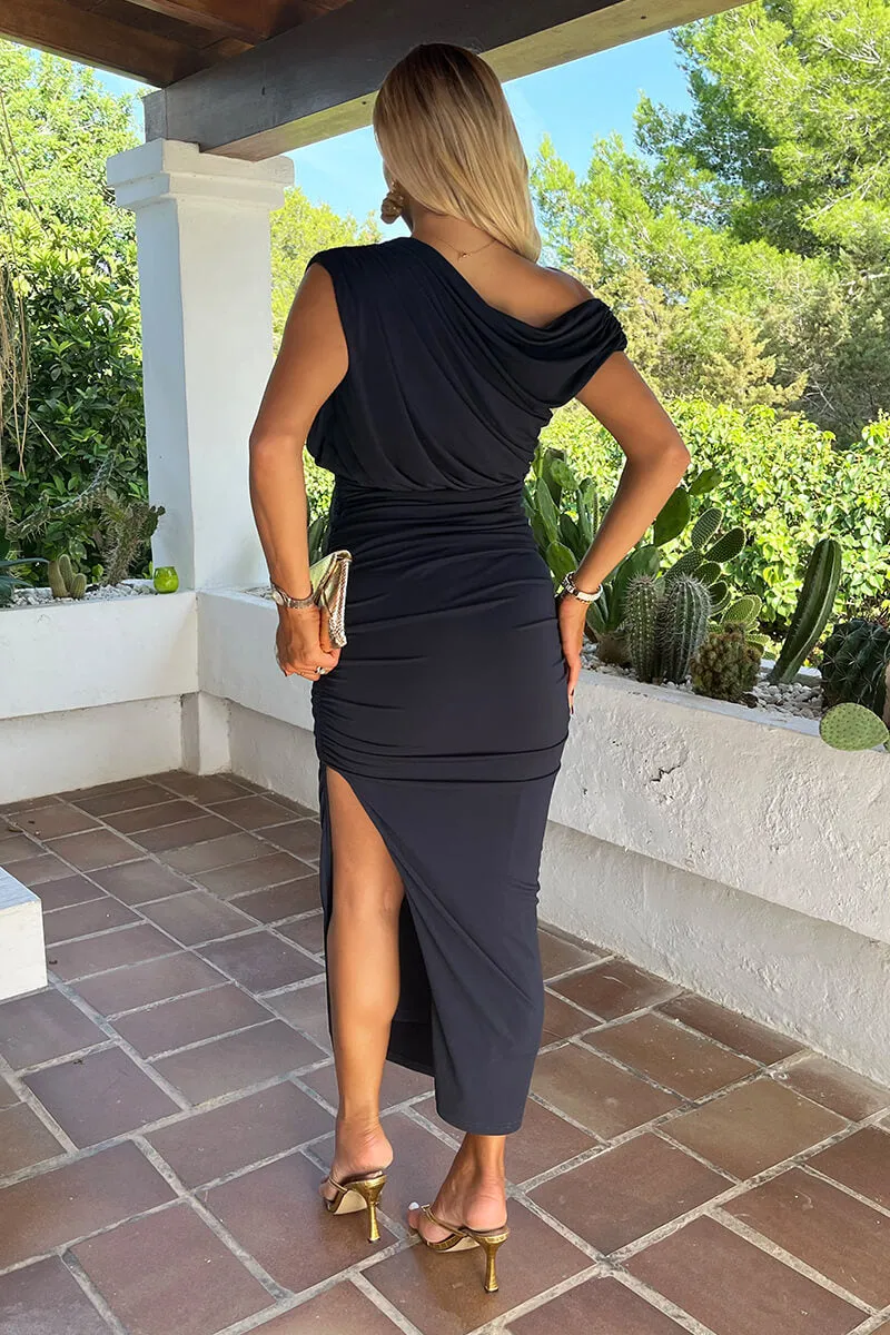 Navy Off The Shoulder Draped Top Midi Dress sold by AX Paris product image thumbnail 5