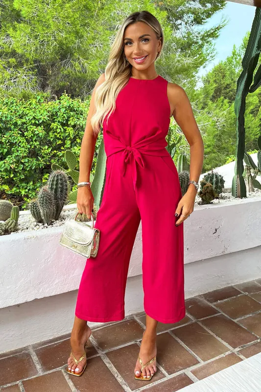 Magenta Racer Neck Tie Waist Jumpsuit sold by AX Paris