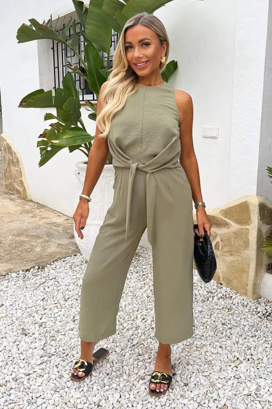 Khaki Racer Neck Tie Waist Jumpsuit sold by AX Paris