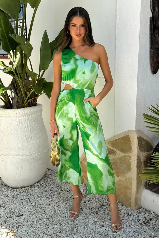 Green Tie Dye Print One Shoulder Cut Out Jumpsuit sold by AX Paris