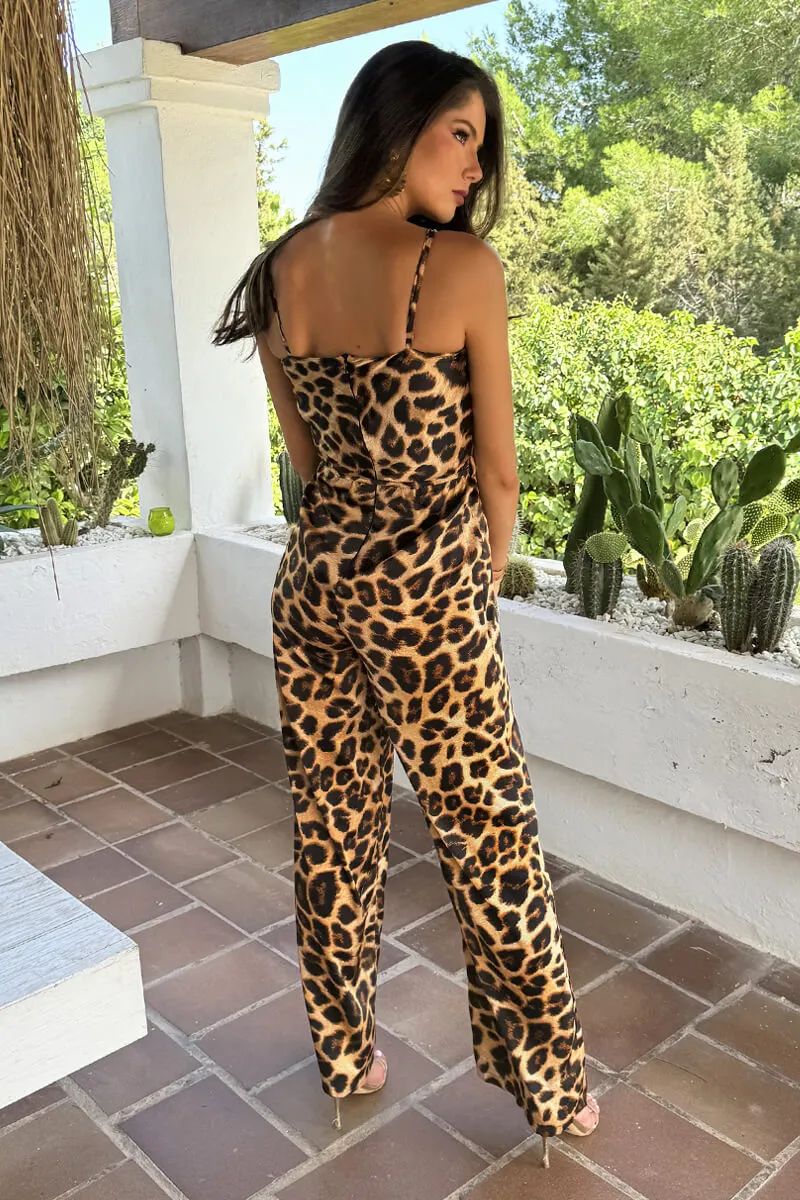 Brown Leopard Print Satin Strappy Tie Waist Jumpsuit sold by AX Paris product image thumbnail 5