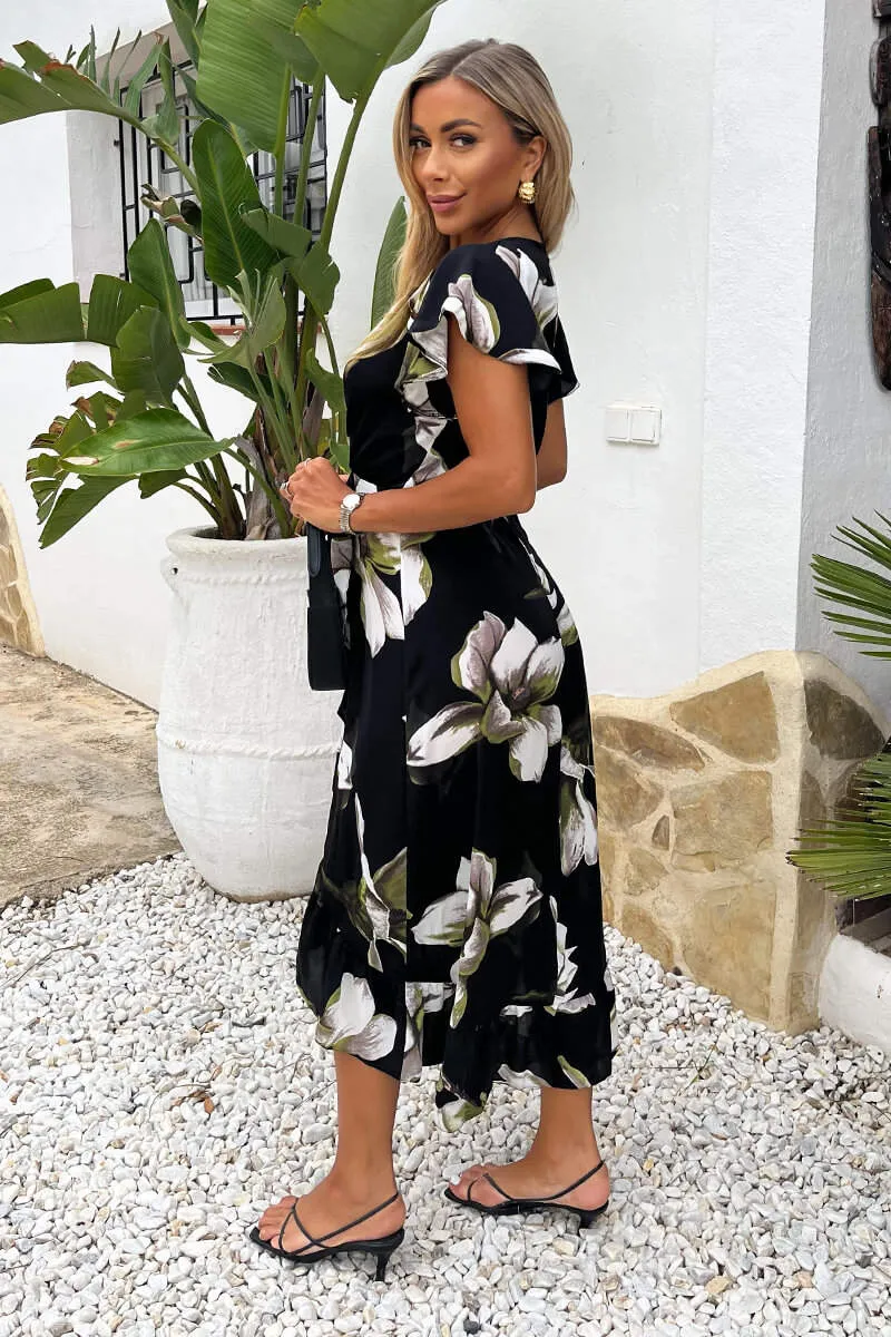 Black And White Floral Print Frill Hem Wrap Midi Dress sold by AX Paris product image thumbnail 4