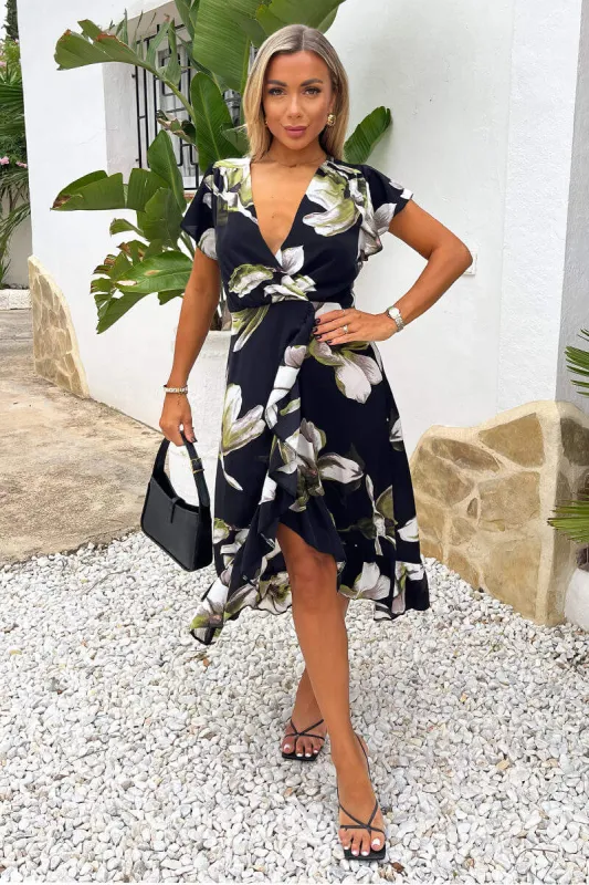 Black And White Floral Print Frill Hem Wrap Midi Dress sold by AX Paris