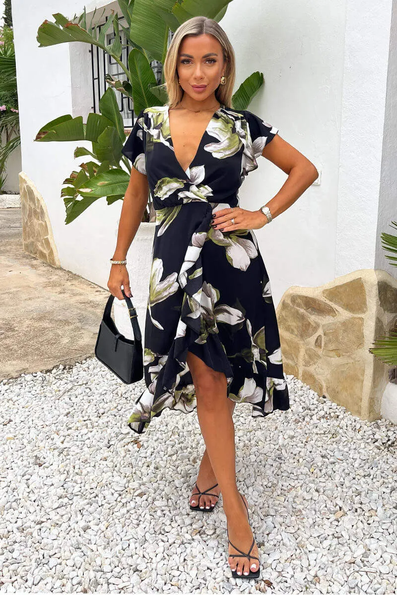 Black And White Floral Print Frill Hem Wrap Midi Dress sold by AX Paris