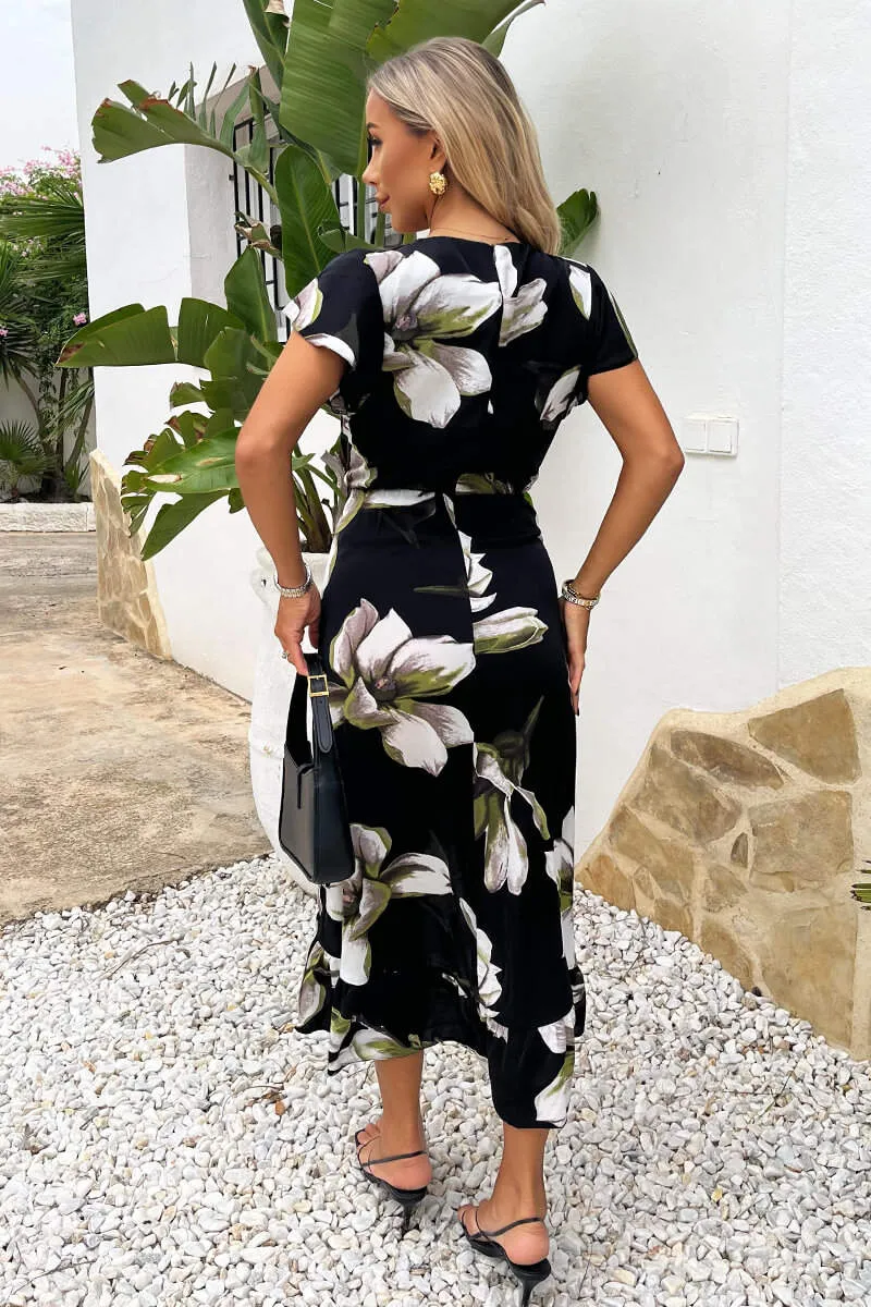 Black And White Floral Print Frill Hem Wrap Midi Dress sold by AX Paris product image thumbnail 5