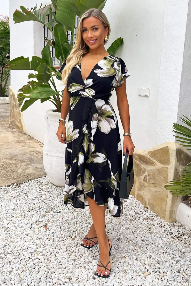 Black And White Floral Print Frill Hem Wrap Midi Dress sold by AX Paris product image thumbnail 2