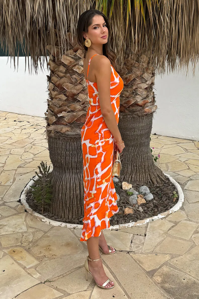 Orange Giraffe Print Racer Neck High Low Frill Hem Midi Dress sold by AX Paris product image thumbnail 4