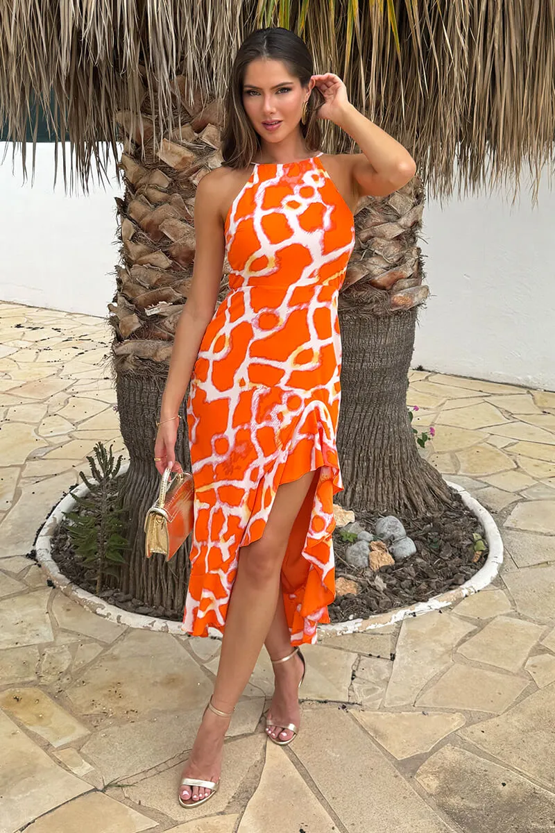 Orange Giraffe Print Racer Neck High Low Frill Hem Midi Dress sold by AX Paris