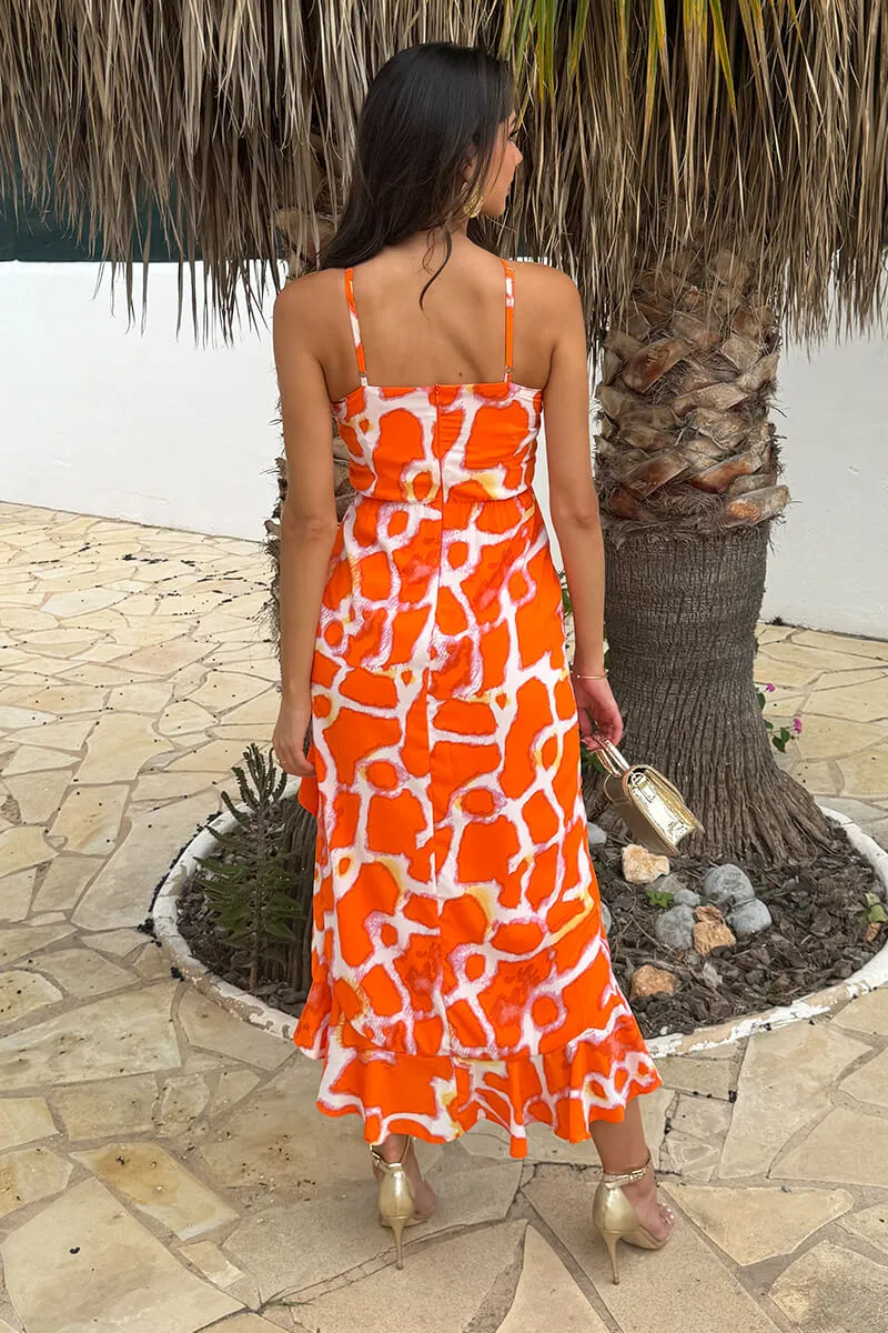 Orange Giraffe Print Racer Neck High Low Frill Hem Midi Dress sold by AX Paris product image thumbnail 5
